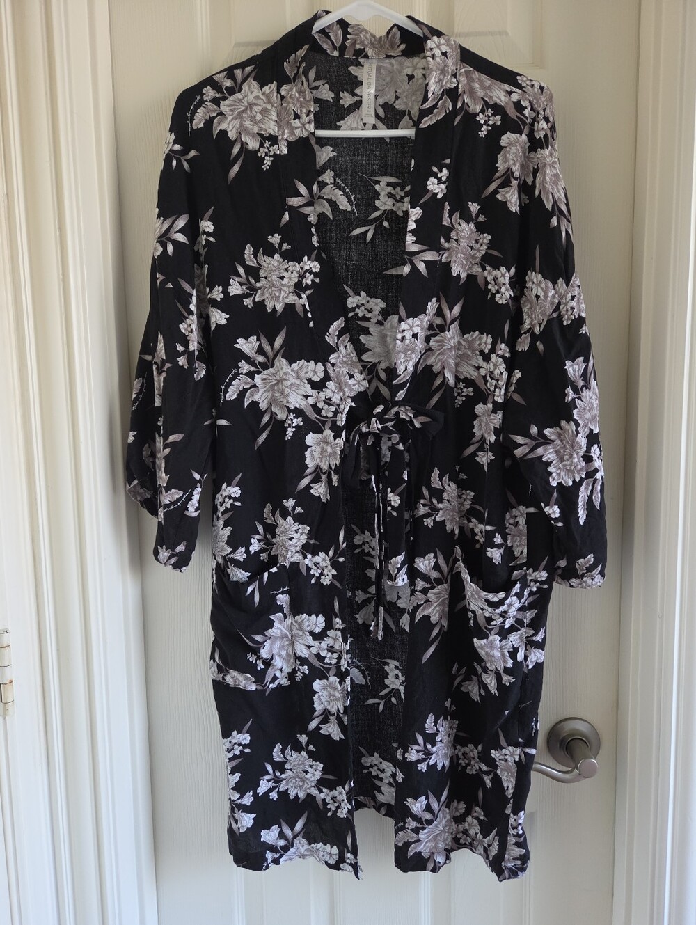 Spiritual Gangster Maya Kimono Cardigan Robe Black Floral Print Long Wrap Front